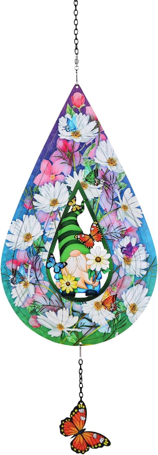 Gnomes and Butterfly Hanging Wind Spinners, Outdoor 3D Metal Sculptures for Garden and Yard Decoration Large Wind Spinner with a 360° Rotating Hook, Gifts for Women Mom Grandma Wife