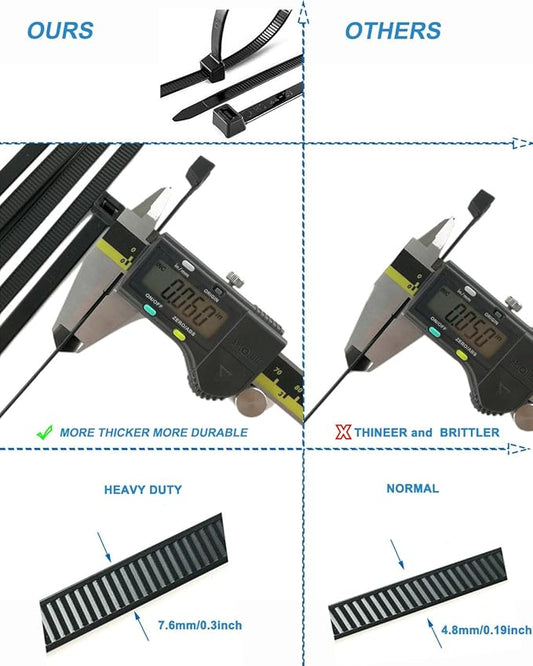 HS Strong 12 Inch Heavy Duty Outdoor Wire Zip Ties Thick 0.3 Inch (100 Pack) 120 LBS High Strength Large Plastic Wide Cable Zipties Black Hd