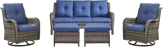 Rilyson 5 Piece Outdoor Patio Furniture Set - Rattan Wicker Patio Conversation Sets with 2 Swivel Rocker Chairs,2 Ottomans and 1 Sofa for Outside Porch Deck Backyard(Mixed Grey/Blue)