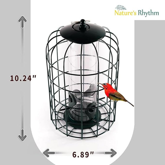 Nature's Rhythm Outdoor Hanging Bird Feeder Cage PC Tube Squirrel Proof Wild Bird Feeder with Large Metal Seed Guard Deterrent