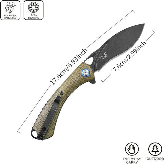 Sitivien ST147 Folding Pocket Knife,Black Stonewashed 14C28N Steel Blade with Micarta Handle Utility Knife EDC Tool Knife for Outdoor Camping,Hiking,Hunting(Green)