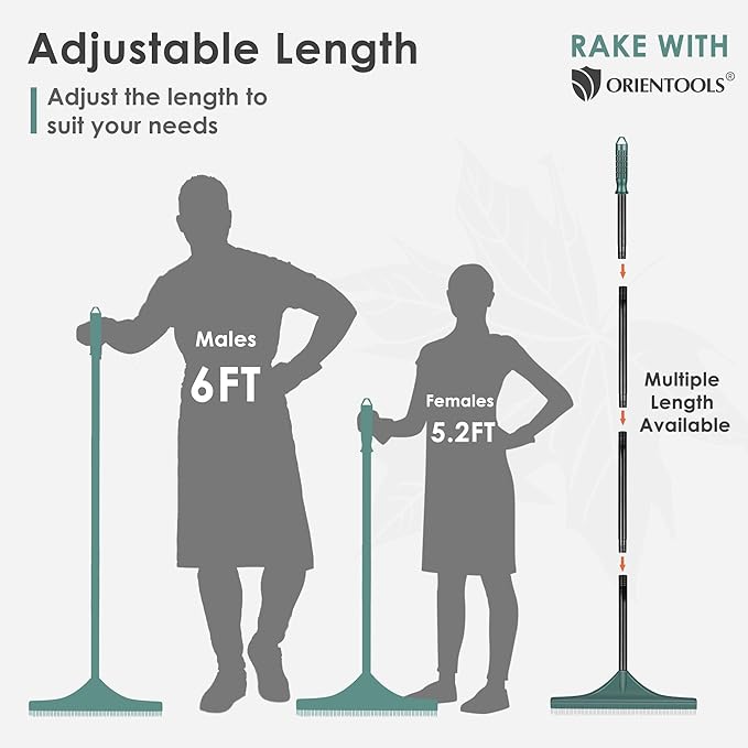 ORIENTOOLS Artificial Turf Rake, Grass Rake with 4 Sections Adjustable Steel Handle from 30" to 53", Hand Telescopic Brush, for Artificial Turf, Patios, Carpets, Pet Hairs and Garden Lawn Clean