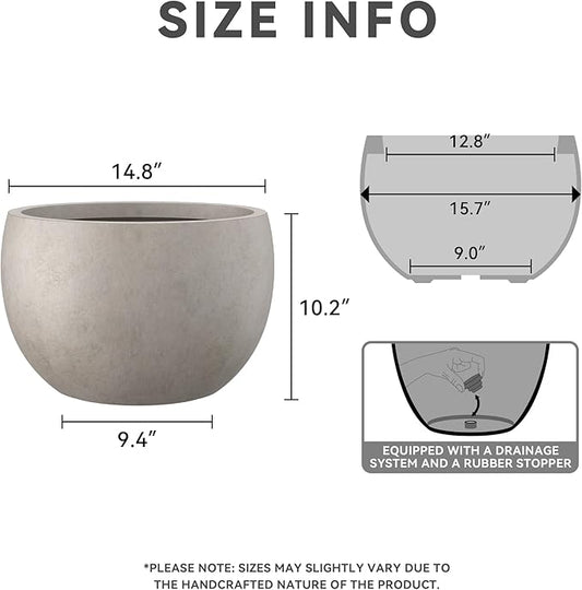 Kante 15.7" Dia Round Concrete Planter, Outdoor/Indoor Large Bowl Plant Pots with Drainage Hole and Rubber Plug for Garden Patio Balcony Home, Weathered Concrete