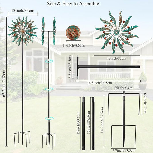 DREAMSOUL 13" Dia Wind Spinners Outdoor with 5 Prong Stakes, Kinetic Wind Spinner Metal Spinners for Yard and Garden