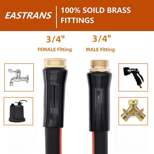 EASTRANS Short Garden Hose 15 ft x 5/8", Heavy Duty Black Orange Water Hose with 3/4" Solid Brass Connector, Flexible, Lightweight, Durable