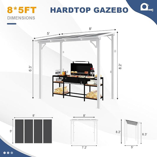 MEISSALIVVE 8' x 5' Gazebo Outdoor Pergola for Patio, Small Wall Mounted Lean to Metal Awnings with Sloped Roof, Heavy Duty Awnings for Patio, Decks, Backyard, White
