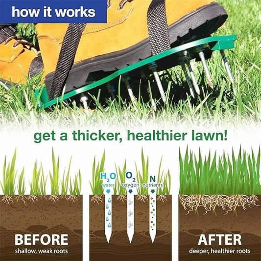 Lawn Aerator Shoes with Adjustable Nylon Straps, Lawn Aeration or as Screed Shoes, Gardening Spiked Shoes Lawn Aerating One Size Fits All Spiked Sandals for Yard Patio Garden Grass Green
