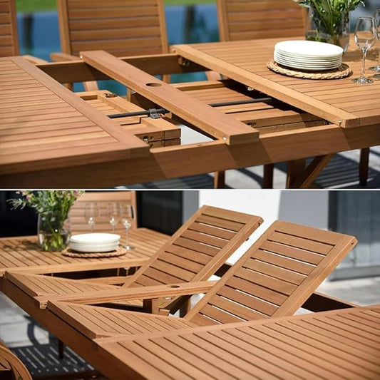 Amazonia Jefferson 13-Piece Patio Extendable Dining Table Set | Teak Finish & Light Grey Wicker Chairs with Cushion | Ideal for Outdoors and Indoors