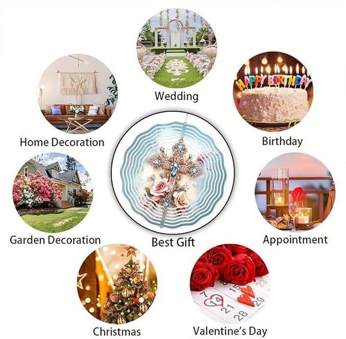 Cross Flower Wind Spinner, Metal Wind Spinners Outdoor/Indoor, God Cross Hanging Garden Decor for Outside, Stainless Wind Spinners for Yard and Garden 10 inch 3D (25.76X25 CM)
