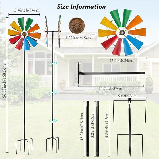Stargarden Wind Spinners Outdoor, 13.4 Inch Kinetic Pinwheels, Colorful Metal Garden Spinners Double Windmill for Yard, Lawn, Patio