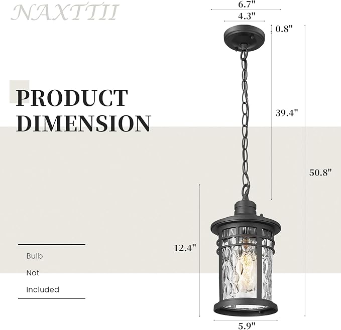 Outdoor Pendant Lights for Porch Aluminum Hanging Porch Light with Water Ripple Glass Hanging Lantern for Front Patio Gazebo Foyer or Garage