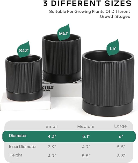 LaDoVita 3 Pack Ceramic Plant Pots 6/5/4 inch, Flowerpot for Indoor Plants with Drainage Holes and Tray, Outdoor Garden Planters, Modern Decorative for Home, Black Vertical Stripes