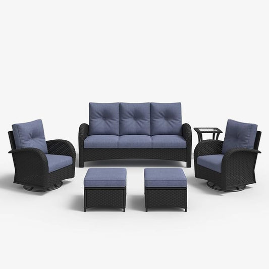 LayinSun 6 Pieces Outdoor Patio Furniture Set, Rattan Wicker Sectional Swivel Rocker Chairs Sets