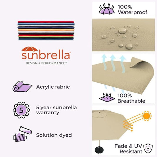 Midtown Umbrellas Push Pop Sunbrella Umbrella 10 Feet Large Outdoor Umbrella With Heather Tan Acrylic Fabric - Deck Patio Umbrella, Backyard Umbrella, Garden Umbrella & Pool Umbrella - Black Pole