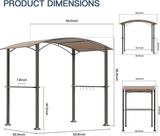 Kullavik 8 x 5 Grill Gazebo,Outdoor BBQ Canopy Shelter with Curved Sunshade Roof,Patio Pavilion with 2 Side Shelves and 5 Side Hooks for Patio Lawn Backyard Garden