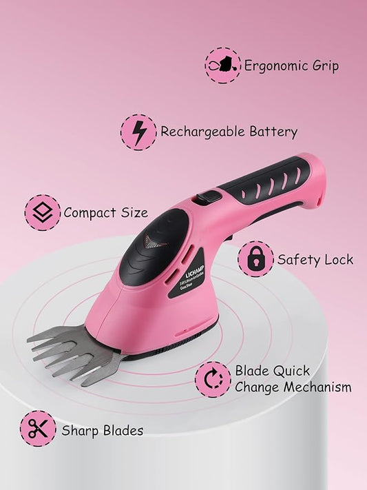 Lichamp 2-in-1 Electric Hand Held Grass Shear Pink Hedge Trimmer Shrubbery Clipper Cordless Battery Powered Rechargeable for Garden and Lawn, CGS3602PK Pink