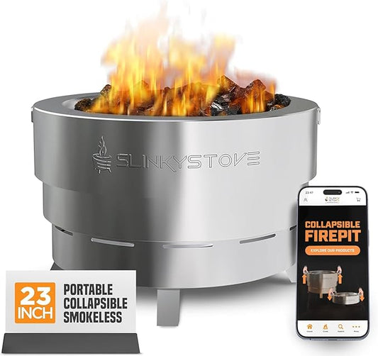 Slinky Stove Smokeless Fire Pit for Outdoor Wood-Burning - 23-Inch Patented Collapsible Firepit with Cooking Grill - Portable Stainless Steel Solo Pit for Camping, Backyard, Patio Bonfires