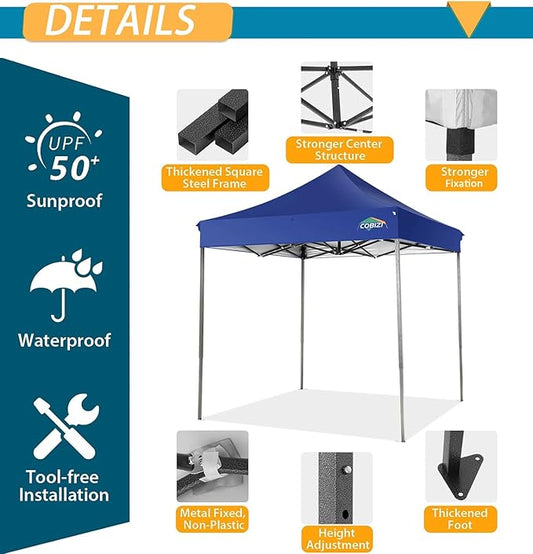 COBIZI 6.6x6.6 Pop Up Canopy Without Sidewall,Heavy Duty Canopy UPF 50+ All Season Wind Waterproof Commercial Outdoor Party Tents for Parties Canopy Gazebo with Storage Bag(6.6 x 6.6 ft Dark Blue)