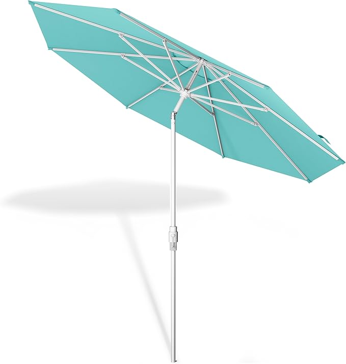 Midtown Umbrellas The Swilt 8 Feet Patio Umbrella in Sunbrella Aruba Acrylic Fabric - Fiberglass Ribs, Auto-Tilt Aluminum Frame For Backyard, Deck, Garden, Pool - White Pole
