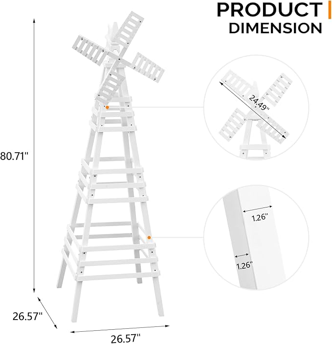 Wooden Windmill, Weather-Proof Wind Spinner, Outdoor Wind Mill for Garden Lawn Patio Decoration (White, Large)