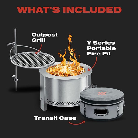 Breeo Smokeless Fire Pit to-Go Bundle (Y Series Stainless Steel, Outpost Grill & to Go Case) | 21 inch Smokeless Firepit for Outside | Ideal for Families