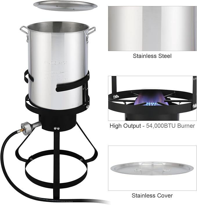 Turkey Fryer Pot with Basket and Burner, 54000-Btu Propane Fryers, include 30qt Deep Pot & 10qt Fish Fryer, Aluminum & Iron, Rapid Heating, Complete Outdoor Cooking Kit for Boiling and Frying, Silver