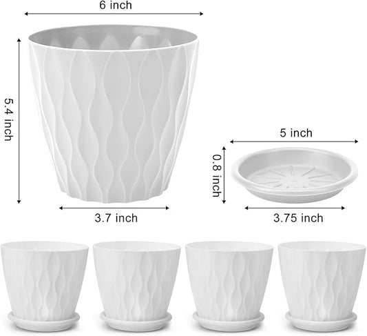 6 inch Plant Pots, 5 Pack Flower Pots Outdoor Indoor, Planters with Drainage Hole and Tray Saucer(White