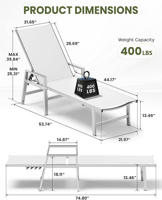 Patio Chaise Lounge Chair Outdoor with Wheels&Armrests, Aluminum Pool Lounge Chairs Set of 2 Five-Position Adjustable Recliner, Outdoor Beach Lounge Chairs for Poolside, Patio, Deck, Yard, White