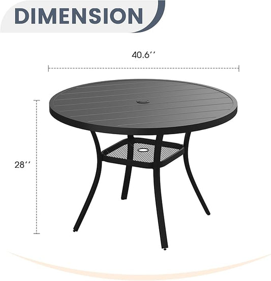 VICLLAX 40.6" Round Metal Outdoor Dining Table for 4, Patio Table with Umbrella Hole and Storage Shelf for Garden, Lawn, Deck, Black