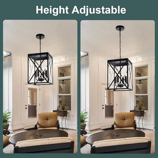 Black Outdoor Pendant Light 4 Lights Outside Pendant Hanging Light Fixture Ceiling Mount with Clear Glass Industrial Hanging Chandelier Latern for Porch,Entryway,Doorway,Farmhouse