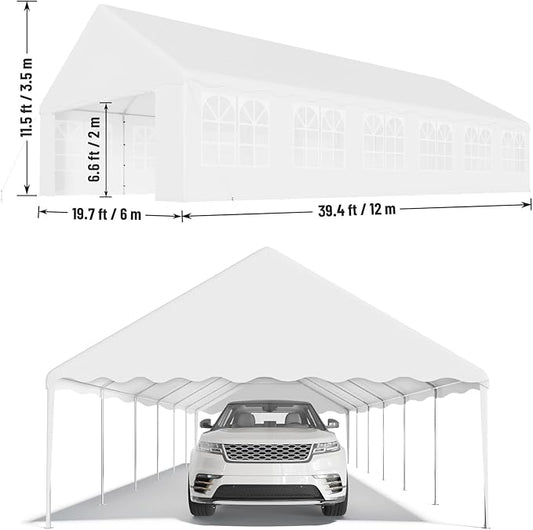 20'X40' Party Tent with Removable Sidewall Windows, Outdoor Heavy Duty Wedding Gazebo, Event Shelter Wedding Canopy Tent for Parties Carport BBQ, White & Wave Edge