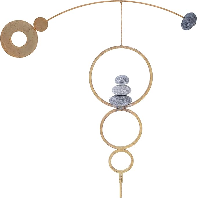Kinetic Wind Spinner Zen Circles | Metal Modern Yard Art Garden Sculpture | Outdoor Steel Decor with Rock Cairn by Aura Life (Bare Steel)