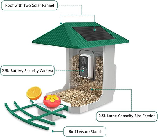 2.5K Smart Bird Feeder with Camera, 5GHz &2.4GHz Birds Watching Camera with AI Identify Bird Species, Outdoor Birds Feeder House with Solar Panel for BirdLovers (Green)