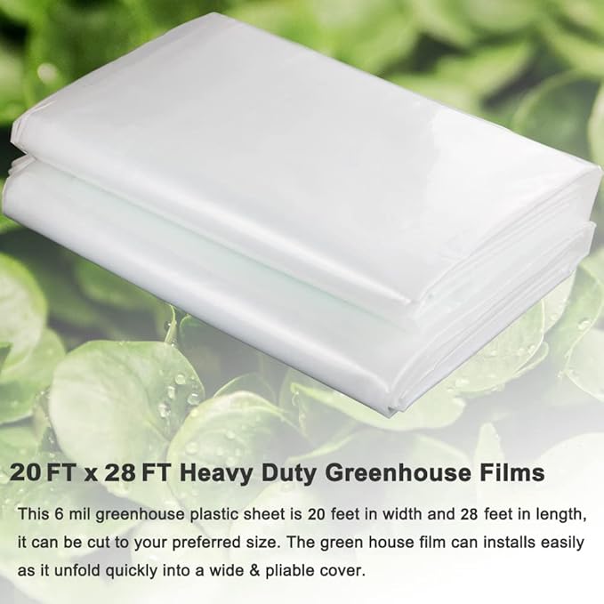 Yowlieu 20' x 28' Clear Greenhouse Plastic Sheeting, 6 Mil UV Resistant Polyethylene Greenhouse Film Hoop Green House Plastic Cover for Farms, Agriculture, Garden