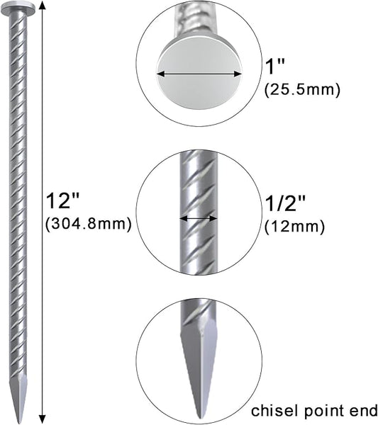 VVOKGO 12 Inch Rebar Stakes Metal Asphalt Anchoring Spikes Ground (16pcs), 1/2 Inch Diameter Galvanized Landscape Anchors Heavy Duty for Speed Bump, Handicap Threshold Ramps, Parking Limits Curb, Tarp
