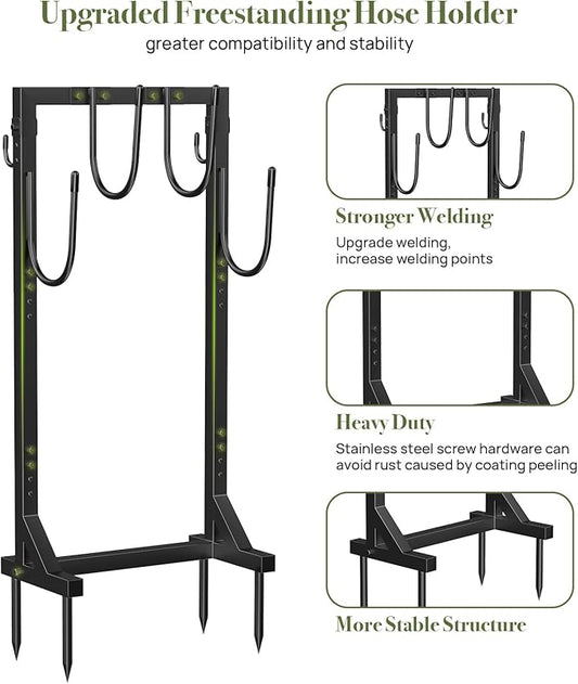 Garden Hose Holder Water Hose Holder with 4 Spikes, Freestanding Hose Hanger Outdoor Hold Stand Heavy Duty 6 Hooks Metal Garden Hose Storage Hose Reel Rack for Outside (Black)