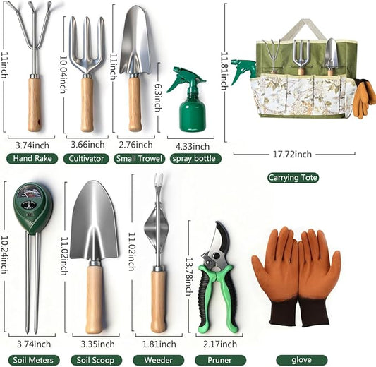 10-Piece Premium Gardening Tools Set-Duty Stainless Steel Rust-Proof Tools with Storage Tote,Perfect Gardening Gifts,Gardening Supplies Set with Hygrometer Suitable for Both Men and Women(Green)