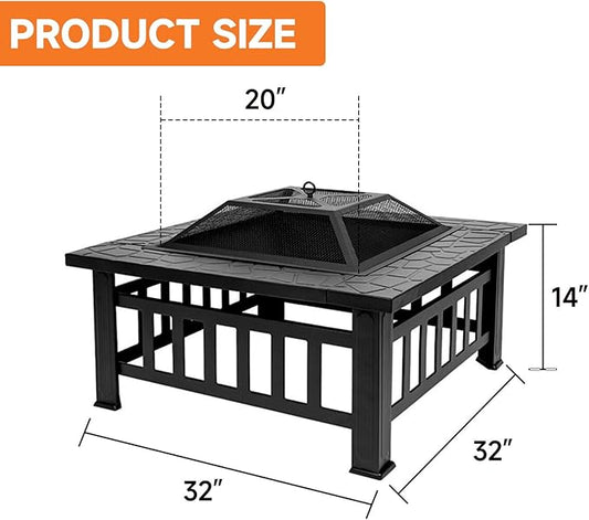 32" Fire Pit Table with Mesh Lid, Wood Burning Fireplace/Firepit with Poker and Accessories