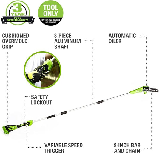 Greenworks 24V 8" Cordless Polesaw (Great For Pruning and Trimming Branches / 125+ Compatible Tools), Tool Only