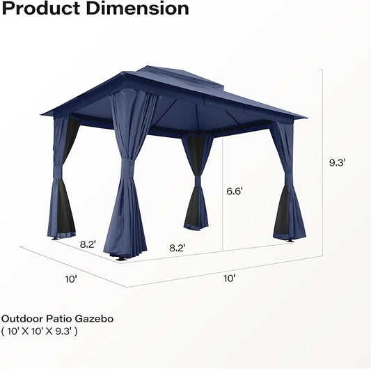 Outdoor Patio Gazebo 10FT, Heavy Duty Party Tent & Shelter with 2-Tier Roof and Expansion Bolts, Mosquito Nettings and Privacy Screens for Backyard, Garden, Poolside, Navy Blue