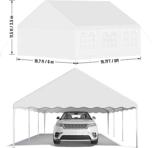 20'X20' Party Tent with Removable Sidewall Windows, Outdoor Heavy Duty Wedding Gazebo, Event Shelter Wedding Canopy Tent for Parties Carport BBQ, White & Wave Edge