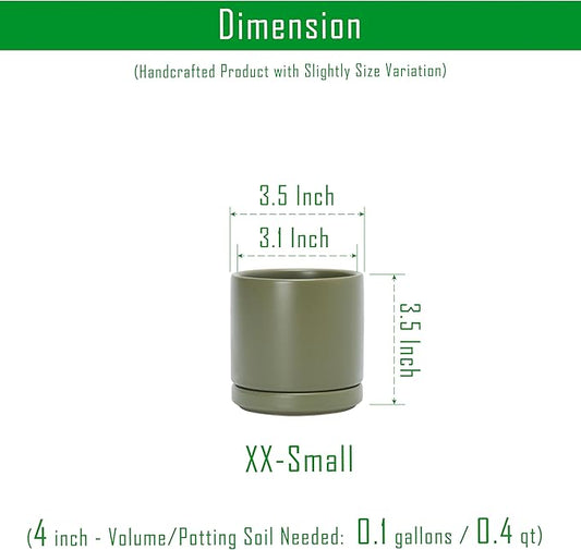 D'vine Dev Set of 4 Small Ceramic Plant Pots, 3.5 Inch Succulent Planter Pot for Plants with Drainage Hole and Saucer, Olive, 94-X-A-0