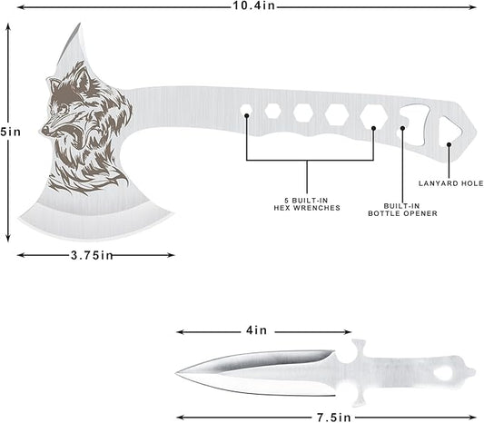 Throwing Axe and Tomahawk 3 Pack Protective Nylon Sheath with Built-in Corkscrew,10.4" Full Tang Stainless Steel Throwing Tomahawk Silver