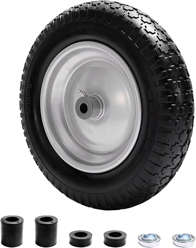 4.80/4.00-8 Tire, 14.5" Flat Free Wheelbarrow Tire and Wheel, 5/8" 3/4" Bearings Solid Replacement Tires, 3" -7" Centered Hub, Universal Fit 3.50/3.00-8, 4.00-6 Trolley Dolly Go Kar, 2 Pack
