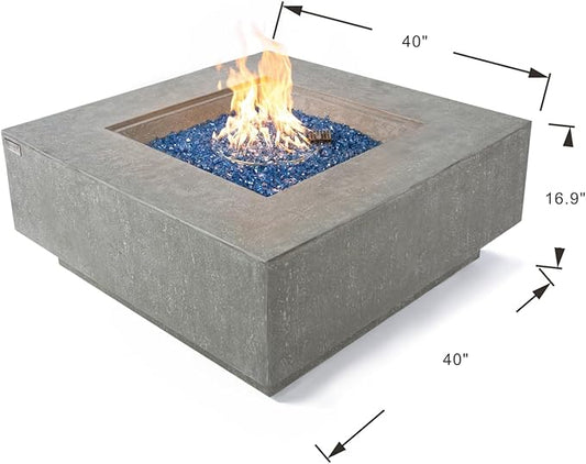 Elementi+ | Victoria Gas Fire Pit Cast Concrete 40" Square Fire Table, Outdoor Fire Pit Electronic Ignition | Canvas Cover, Fire Glass and Burner Lid Included | Light Gray | Propane Gas