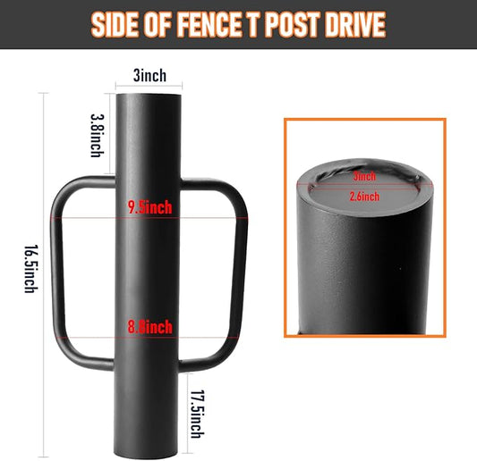 Black Fence Post Driver,16.5 Inch T Post Driver,12LB Hand Post Pounder with Handle, Heavy Duty Post Hole Diggers