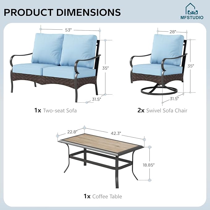 MFSTUDIO 4 Pieces Outdoor Patio Furniture Set, Metal Outdoor Conversation Set, Rattan Wicker Patio Sectional Sofa Set with 2 x Swivel Single Sofa, 2-Seat Sofa, 1 x Coffee Table, Blue