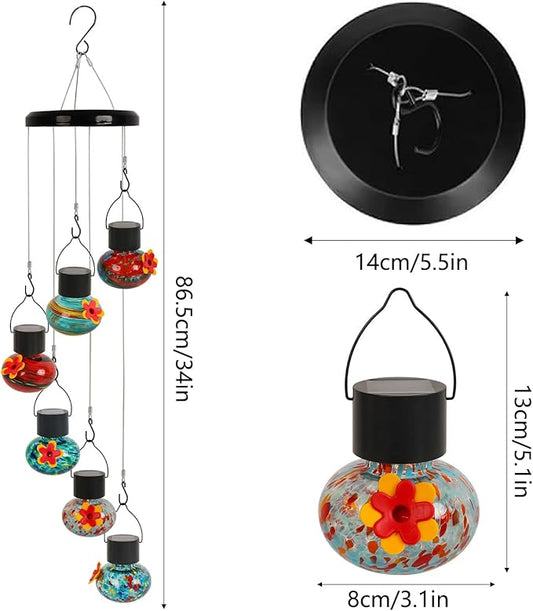 Solar-Powered Hummingbird Feeder with Wind Chime Elegance – 6 Leak-Proof Glass Ports, Frosted Design & Multicolor Night Lights – Perfect Outdoor Gift for Nature Enthusiasts