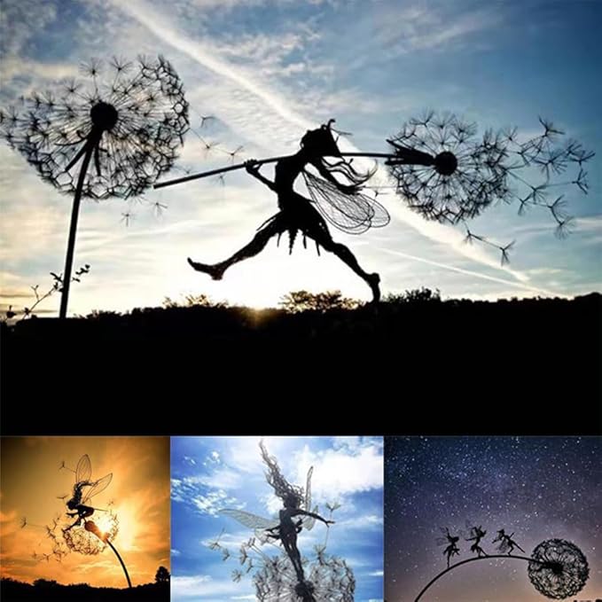 Flower Fairy Dancing with Dandelion Garden Art Sculpture Stainless Steel Statue Christmas Halloween Decoration for Outdoor Yard Courtyard Lawn Patio Metal Ornaments (Long Travel)