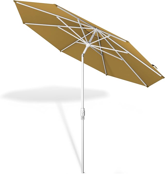 Midtown Umbrellas The Swilt 8 Feet Patio Umbrella in Terylast Sand (Tan) Polyester Fabric - Fiberglass Ribs, Auto-Tilt Aluminum Frame For Backyard, Deck, Garden, Pool - White Pole